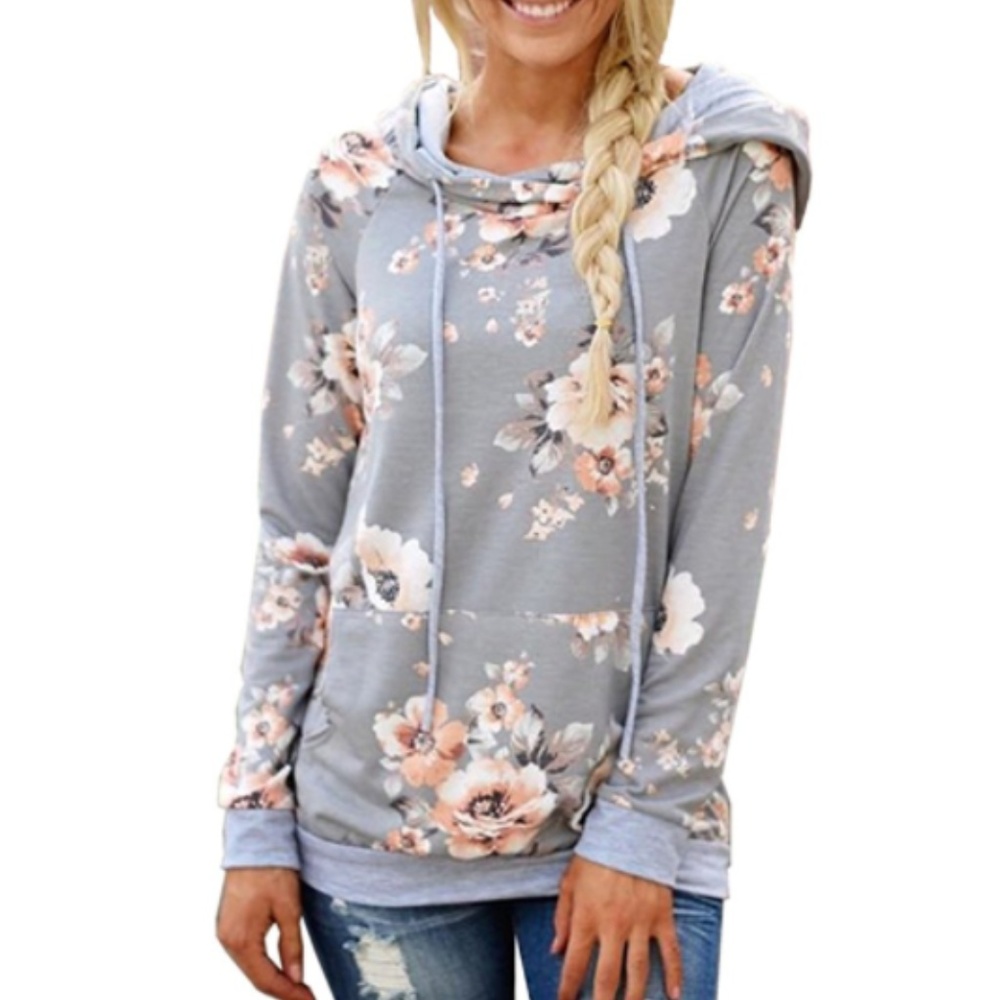 Floral Printed Long Sleeve Drawstring Sweatshirt - Picture 1 of 4